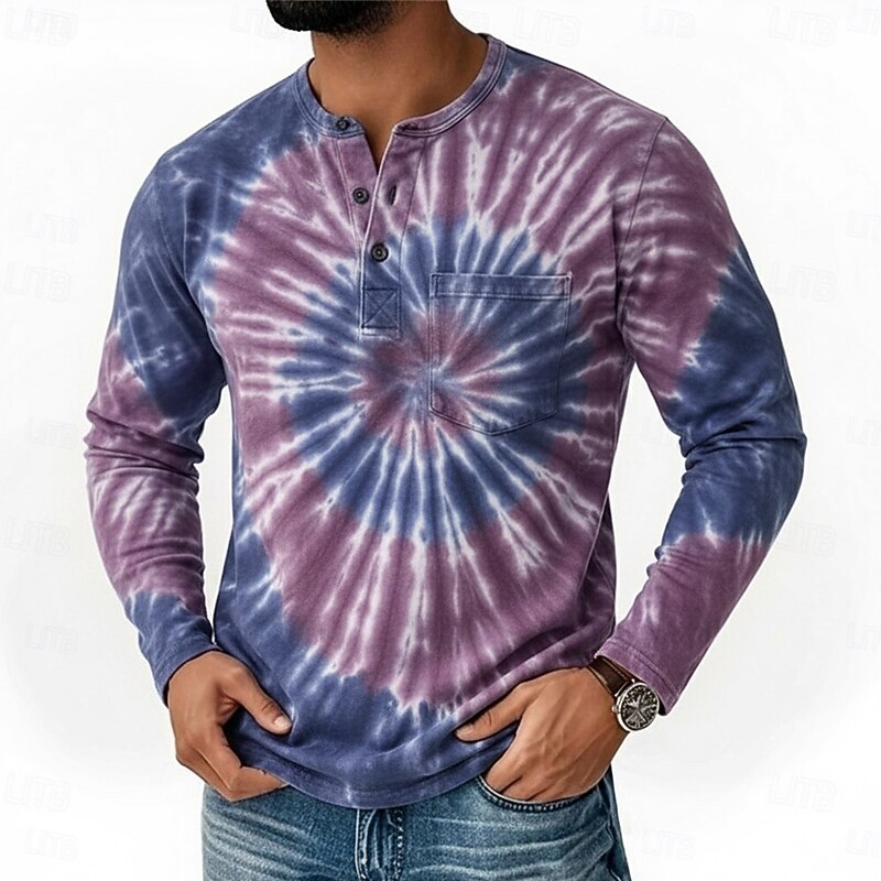 Men's Tie Dye Vintage Henley Shirt T shirt Tee Long Sleeve Retro Vintage Casual Casual Spring Fall All Seasons Black Red Blue Purple Henley Henley T-Shirt3