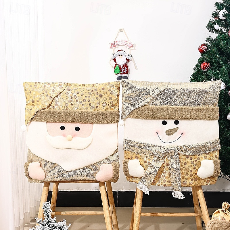 New Christmas Chair Covers, Santa Claus Chair Slipcovers with Gold Sequins, European Style Dining Chair Decoration for Holiday Party