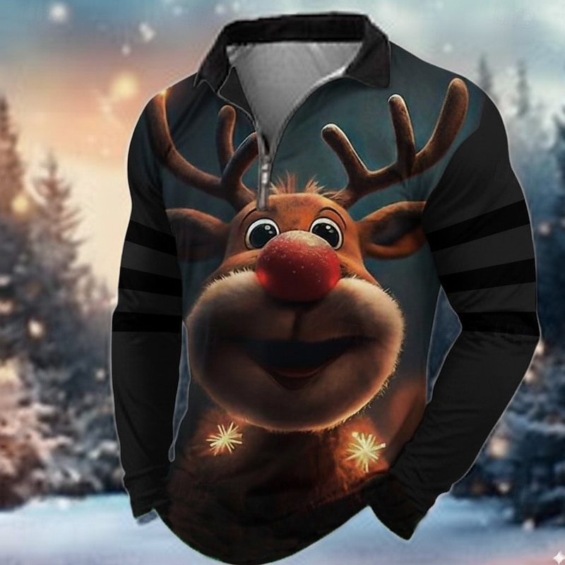 Christmas Men's Reindeer Polo Long Sleeve Turndown Modern Leisure Sports & Outdoor Outdoor clothing Festival Zipper 3D Print Spring Fall Winter Black Green Red3
