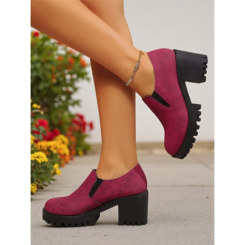 Women's Burgundy Chunky Heel Platform Shoes – Faux Leather Slip-On Shoes Toe Loafers for Casual Streetwear and Autumn Outfits