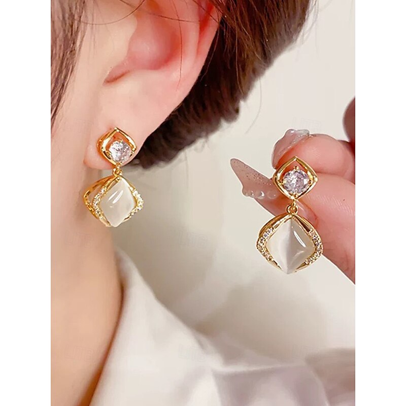 Women's Elegant Gold-Plated Drop Earrings with Cat's Eye and Zircon, Available in Pierced Stud and Clip-On Styles for Weddings, Parties and Formal Occasions2