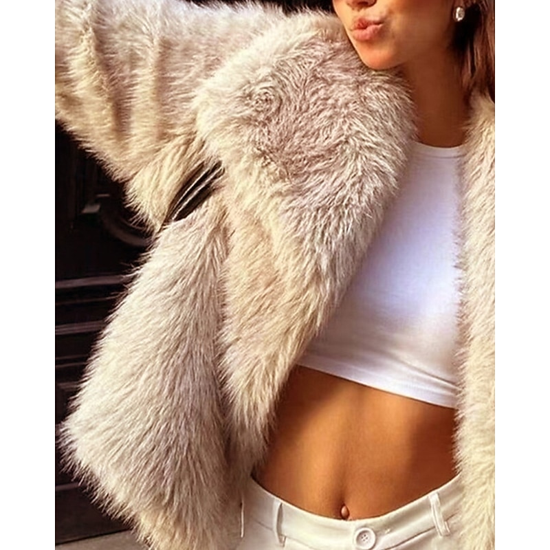 Women's Faux Fur Coat Warm Comfortable Furs & Leathers Casual Plain Street Casual Holiday Going out Short Regular Turndown Regular Fit Long Sleeve Outerwear Apricot Fall Winter3