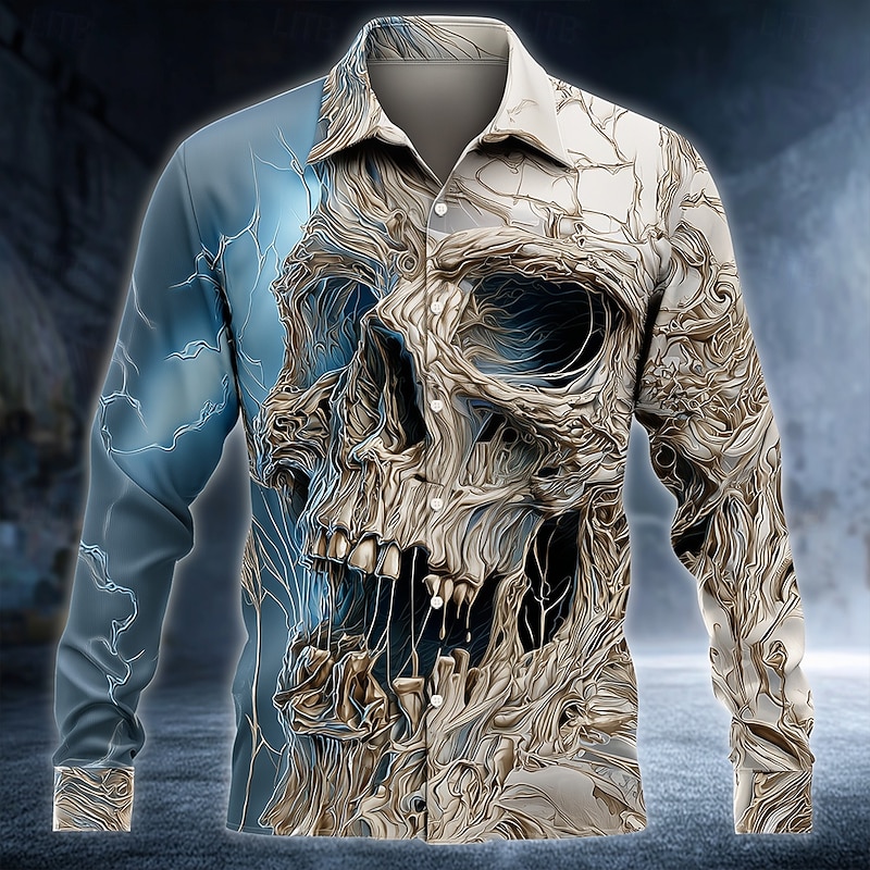 Halloween Men's Skeleton Frozen Ice skull Shirt Button Up Shirt Long Sleeve Dark Gothic Style Holiday Streetwear Spring Fall Turndown 3D Print Collared Shirts Blue 1# Blue2