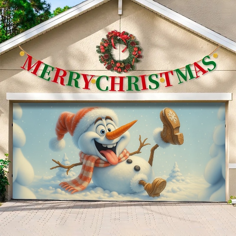 Christmas Garage Door Cover 2025 Xmas Snowman and Birds Winter Scene Backdrop Banner, Merry Christmas Garage Decoration for Holiday Outdoor Yard Party