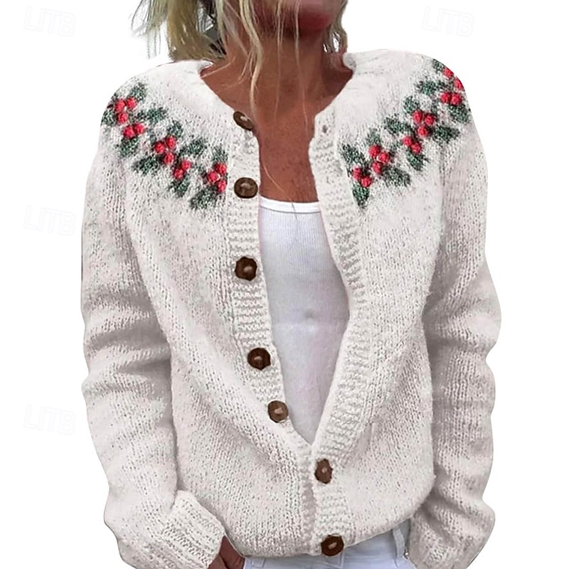 Women's Sweater Cardigan Streetwear Casual Floral Crew Neck V Neck Knitted Print Long Sleeve Regular Tops Knit Daily Holiday Going out White Yellow Fall Winter4