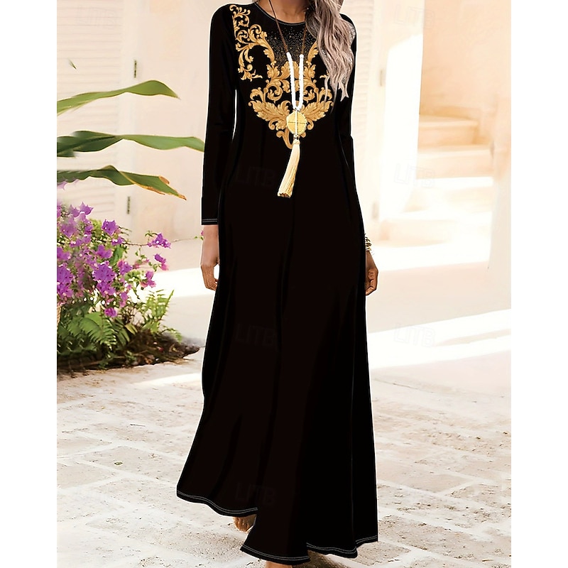 Women's Long Dress Maxi Dress Boho Dress Elegant Vintage Fashion Outdoor Party Daily Regular Fit Graphic Butterfly Long Sleeve Crew Neck Black White Red Blue Spring Autumn