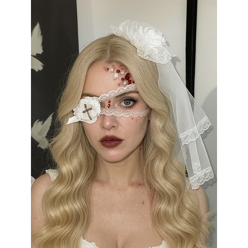 Women's Gothic Lace Eye Patch and Veil with Cross and Gem Accents - Halloween Cosplay Costume Accessory for Masquerade and Theme Parties
