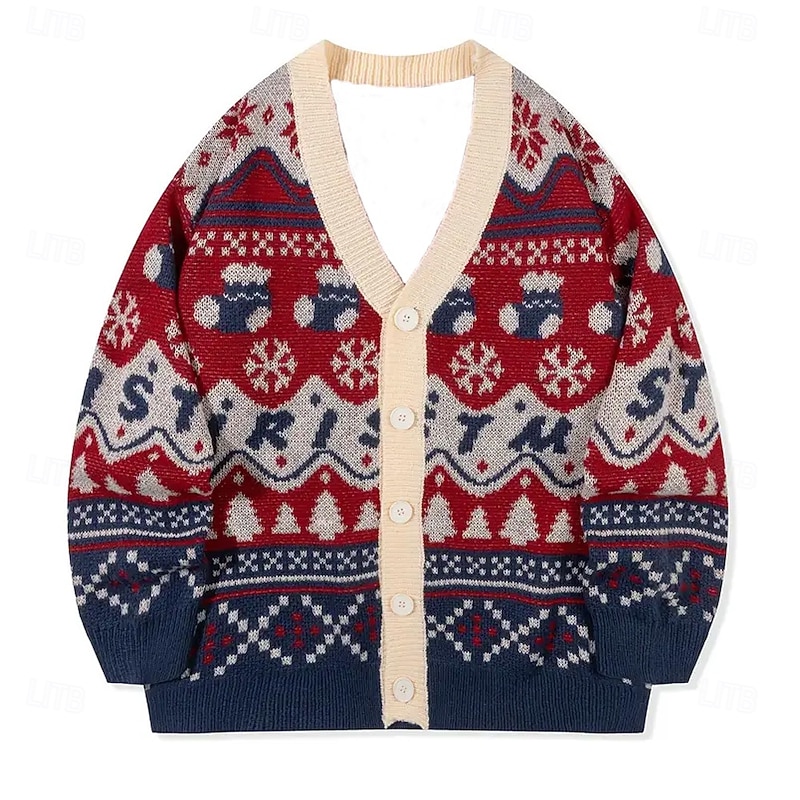 Christmas Men's Christmas Pattern Fair isle Sweater Cardigan Sweater V Neck Casual School Vacation Daily 3D Print Keep Warm Long Sleeve Spring Fall Winter Red