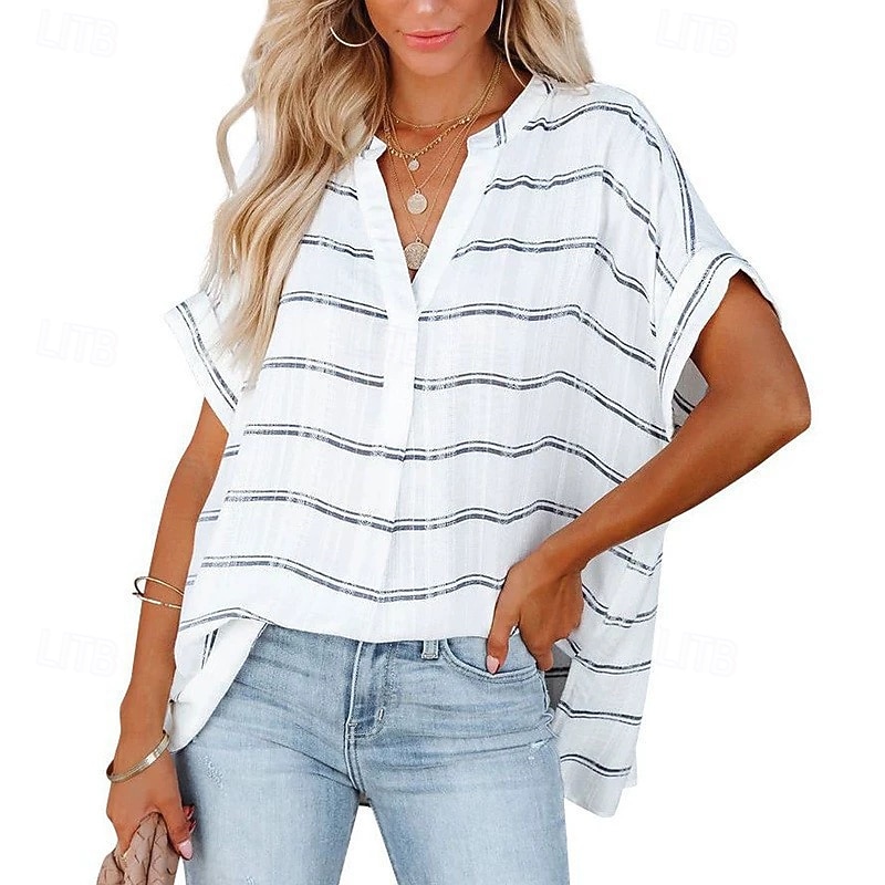 Women's Shirt Blouse Striped Modern Casual Short Sleeve V Neck Regular Tops Daily Holiday Buttons Black And White Black Pink Wine Army Green Fall2