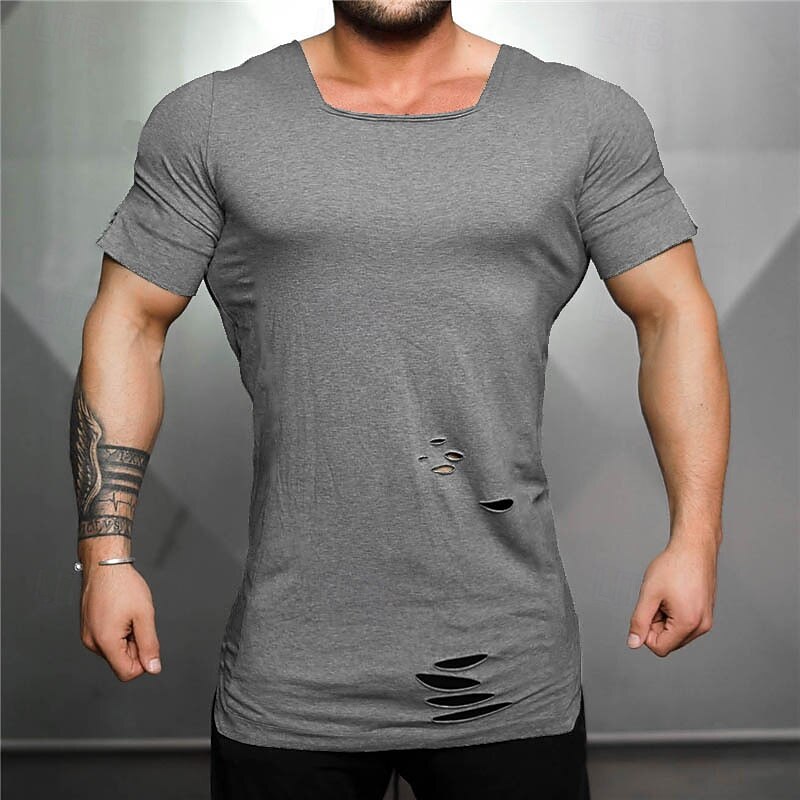Men's T Shirt Tee Short Sleeve Shirt Tee Top Short Sleeve Square Neck Summer Plain Fashion Designer Basic Hole Vacation Street Going out White Gray Top Tee for Men2