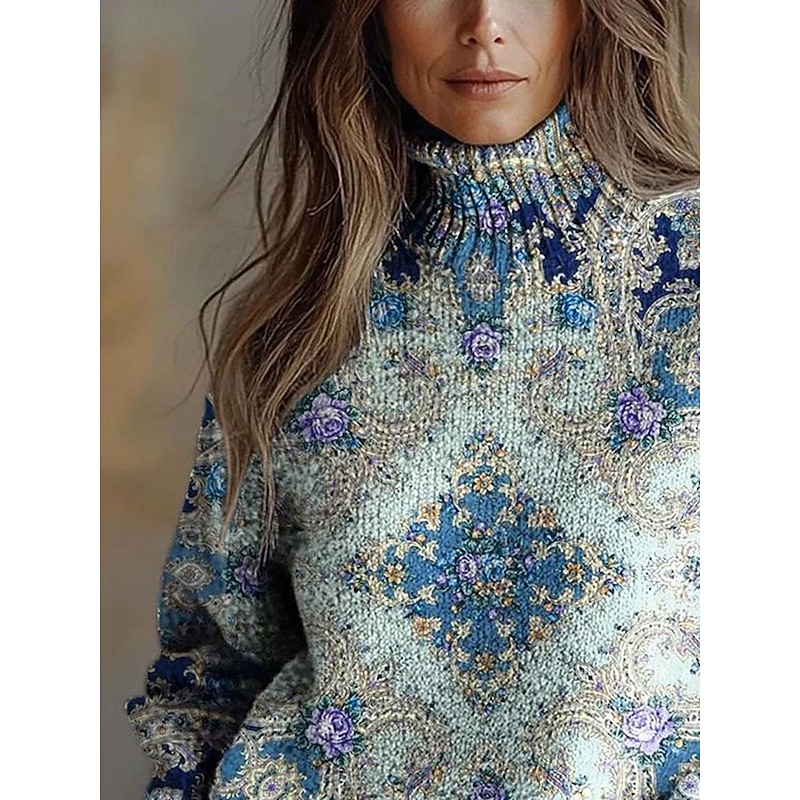 Women's Sweater Pullover Daily Floral Graphic Paisley Ribbed Turtleneck Knitted Print Long Sleeve Regular Tops Knit Outdoor Weekend Blue Fall Winter2