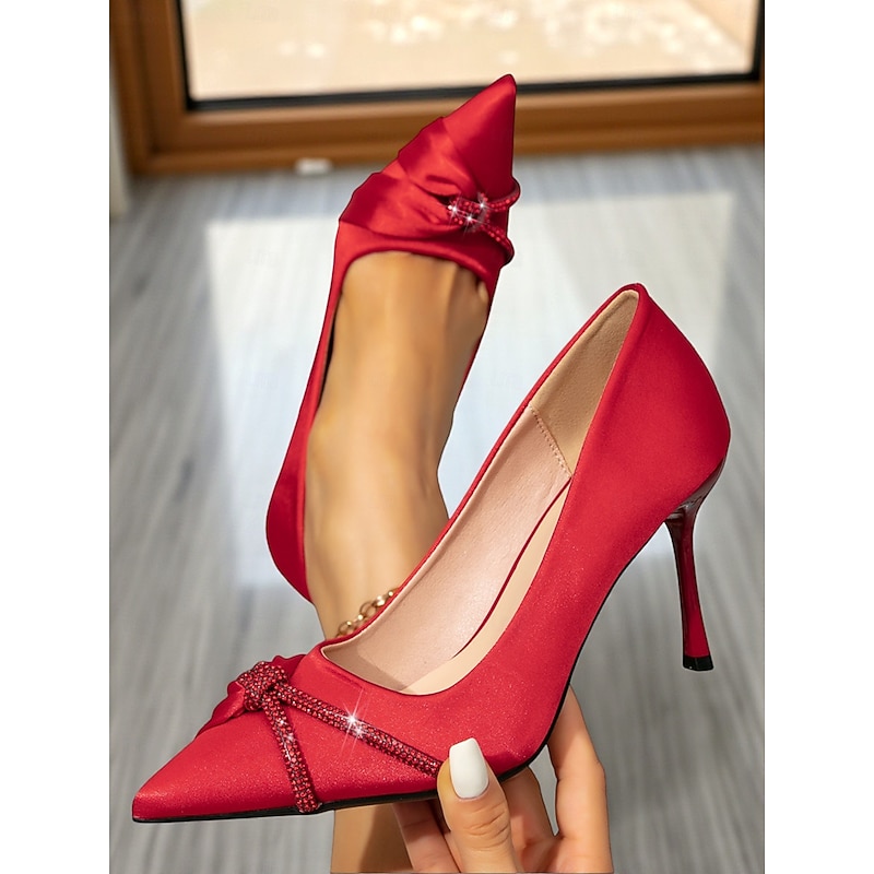 Women's Red Satin Pointed Toe Stiletto Heels with Rhinestone Bow Detail - Elegant Nightlife and Christmas Party Shoes4