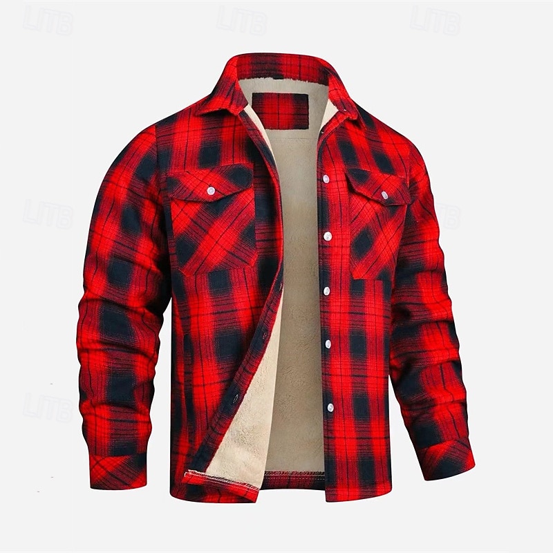 Men's Winter Jacket Shirt Jacket Fleece Jacket Casual Jacket Vacation Daily Thermal Warm Pocket Fleece Fall Winter Plaid Fashion Streetwear Lapel Regular Black Red Orange Green Jacket