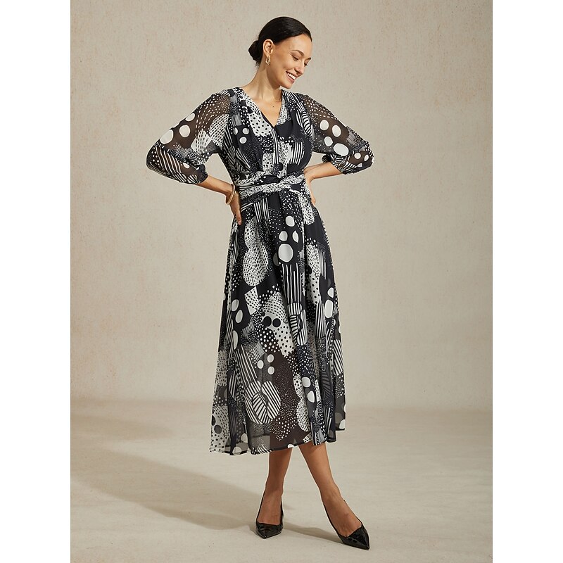 Women's Women Casual Dress Midi Dress Black Long Sleeve Abstract Summer Cross-Seasons V Neck Vacation Bohemian S M L