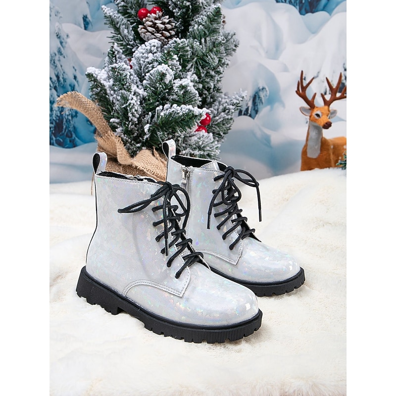 Korean Idol Inspired Pop Star Costume Shoes Girls' Silver Glitter Combat Boots with Lace-Up Design, Side Zipper, Non-Slip Sole Winter Fashion Footwear for Stage Performance and Casual Wear