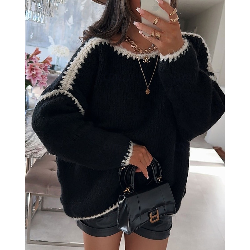 Women's Sweater Pullover Streetwear Casual Color Block Crew Neck Patchwork Knitted Long Sleeve Regular Tops Knit Daily Holiday Going out Black Khaki Fall Winter