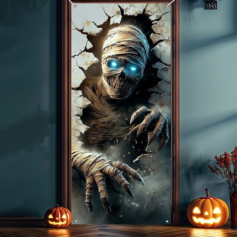 Halloween Door Covers Glowing Eyes Skull Tapestry Door Curtain Decoration, Spooky Horror Backdrop Door Banner for Front Door Haunted House Indoor Outdoor Party Decor Supplies