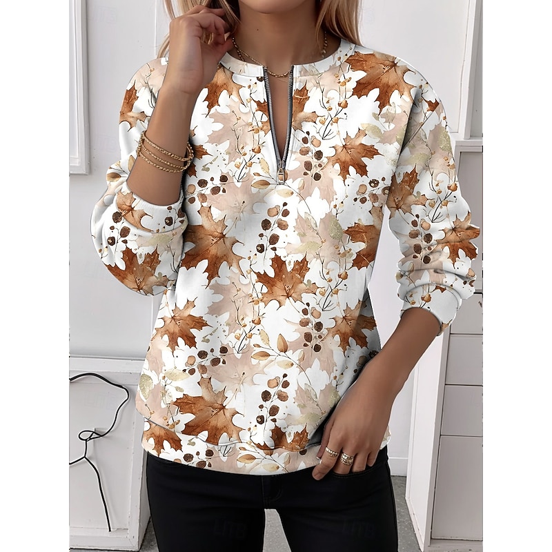 Women's Pullover Sweatshirt Zip Up Sweatshirts Floral Graphic Fashion Casual Long Sleeve Crew Neck Regular Tops Street Dailywear Zipper Print White Yellow Orange Khaki Beige Spring Fall Winter3