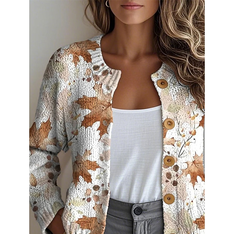 Women's Cardigan Fashion Daily Casual Floral Graphic Ribbed Crew Neck Buttons Print Long Sleeve Regular Tops Knit Outdoor Daily Date Camel Fall Winter2