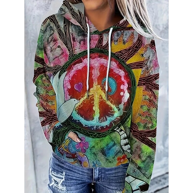 Women's Pullover Hoodie Sweatshirt Graphic Rainbow Abstract Casual Boho Long Sleeve Hooded Regular Tops Street Dailywear Print Front Pocket Maroon Pink Fall Winter3