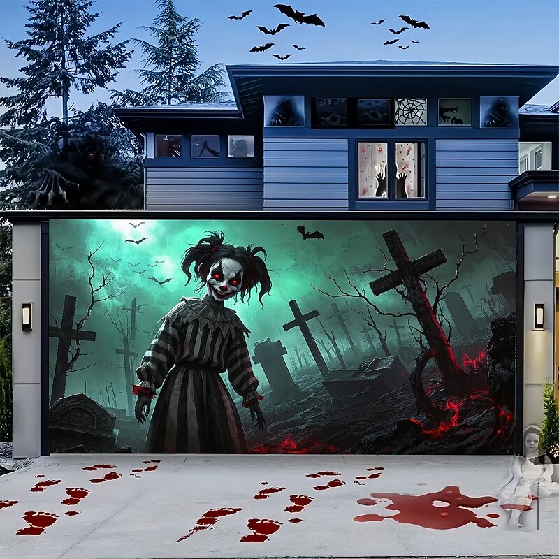 Halloween Garage Door Cover Large Outdoor Backdrop Featuring Car Man Back View Chemical Lab Body Parts Cemetery Scary Clown Yard Front Porch Wall Decorations3