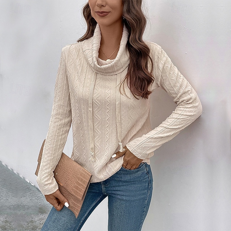 Women's Pullover Sweatshirt Plain Casual Long Sleeve Turtleneck Regular Tops Home Street Holiday Beige Fall Winter2