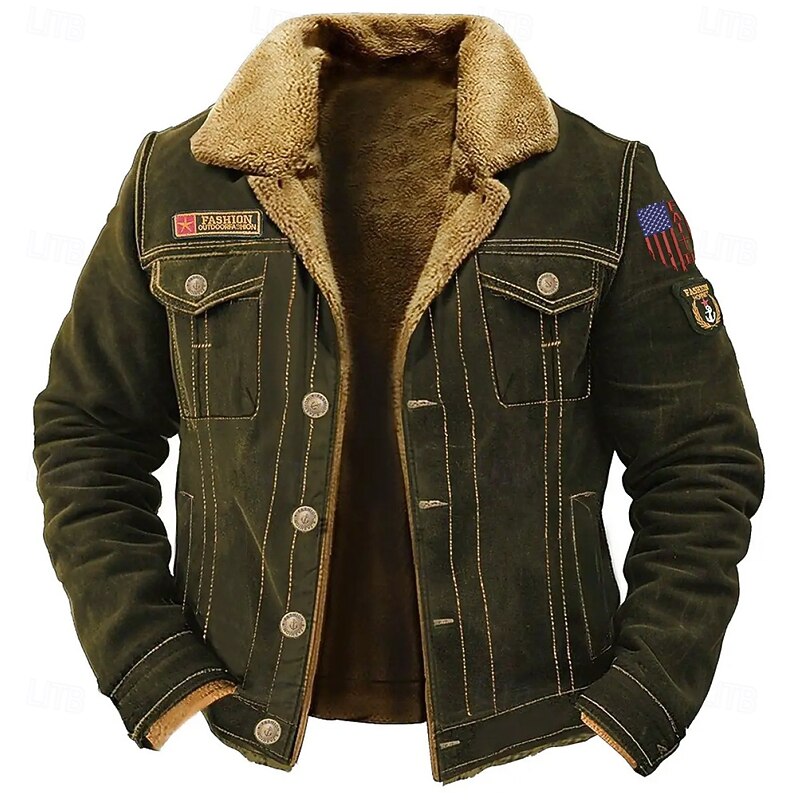 Men's Embroidered US Flag Fleece Jacket Cargo Jacket Sherpa Jacket Tactical Thermal Warm Vintage Outdoor Home Multiple Pockets Winter Coats Fall Winter Fleece Turn-Down Collar Long Sleeve Army Green