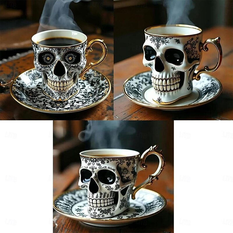 Halloween Royal Skull Coffee Mug Resin(Mug Only, Plate Not Included)Gothic Porcelain Tea Cup, Ornate Gold-Trimmed Gothic Porcelain Tea Cup, Great For Coffee Lovers And Collectors4