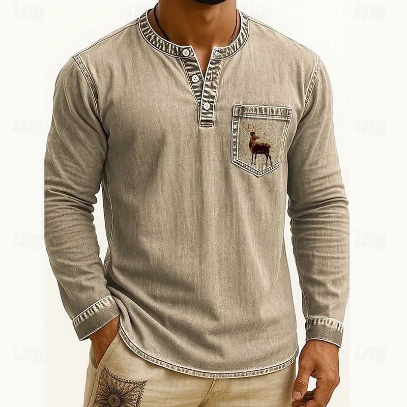 Men's Henley Shirt Tee Tee Top Long Sleeve Shirt Long Sleeve Henley Fall Winter Reindeer Deer Fashion Designer Fashion Vintage Vacation Street Going out Dark Brown Navy Black Top Tee for Men2