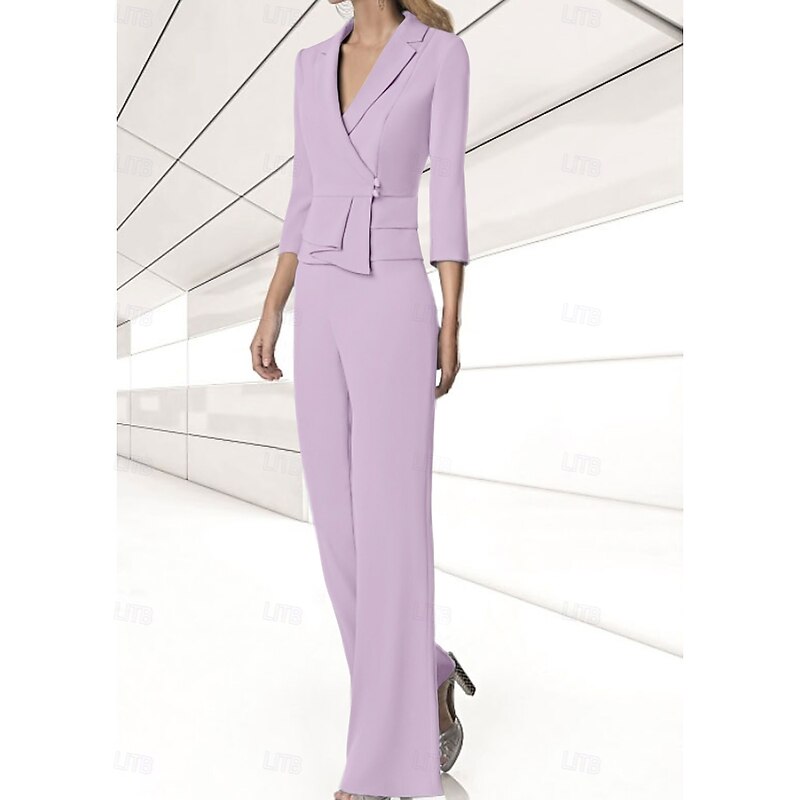 Women's Suits 2 Pieces Suits Wedding Guest Chiffon Elegant 3/4 Sleeve Pleated Floor Length Notched Lapels Single Breasted4