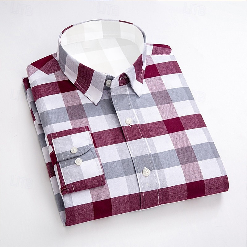 Men's Dress Shirt Oxford Shirt Plaid Shirt Collared Shirt Plaid / Check Wedding Work White gray Wine Khaki Long Sleeve Turndown Spring &  Fall Clothing Apparel Button-Down
