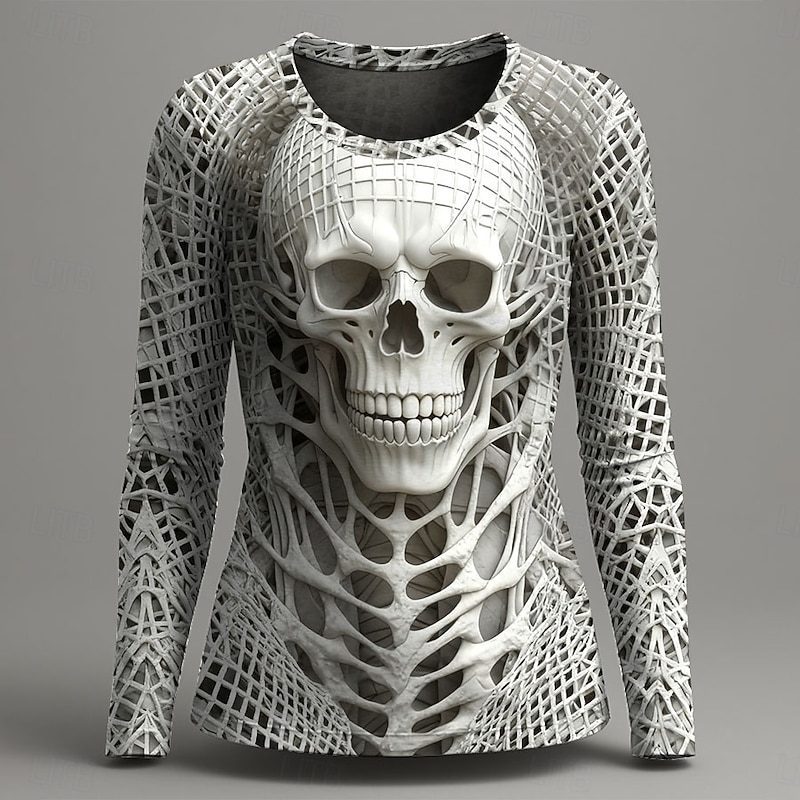 Halloween Women's T Shirt Graphic Skull Fashion Casual Long Sleeve Crew Neck Round Neck Regular Tops Daily Weekend Print Red Blue Green Gray Summer Spring Fall Winter