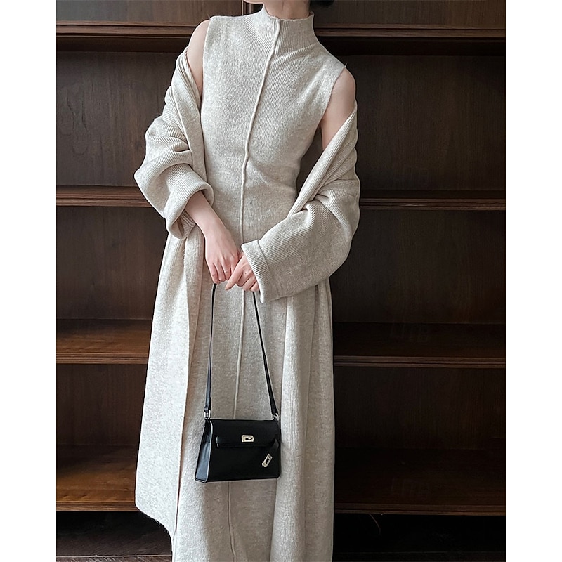 Women's Long Dress Maxi Dress Knit Dress Casual Dress Dress Set Elegant Fashion Modern Outdoor Daily Going out Regular Fit Plain Long Sleeve Stand Collar Beige Winter Autumn2