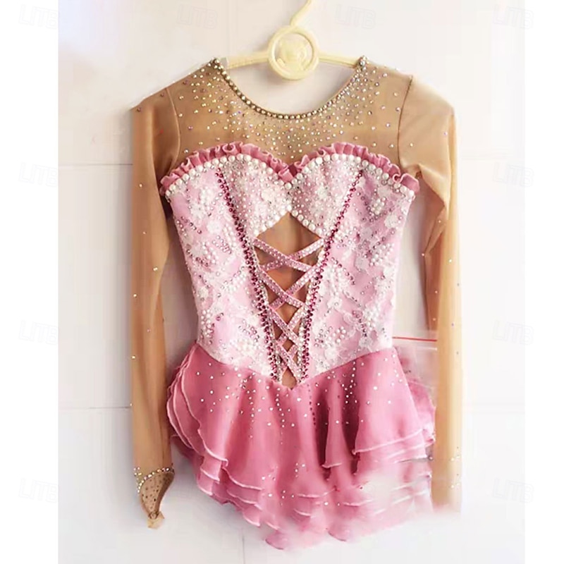 Figure Skating Dress Women's Girls' Ice Skating Dress Pink Patchwork Thumbhole Spandex High Elasticity Training Professional Competition Skating Wear Classic Crystal / Rhinestone Long Sleeve Ice3