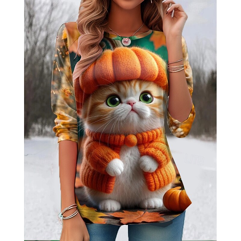 Halloween Women's T Shirt Graphic Animal Cat Vintage Cute Stylish Long Sleeve Crew Neck Round Neck Regular Tops Daily Print Black Light Brown Orange Summer Spring Fall