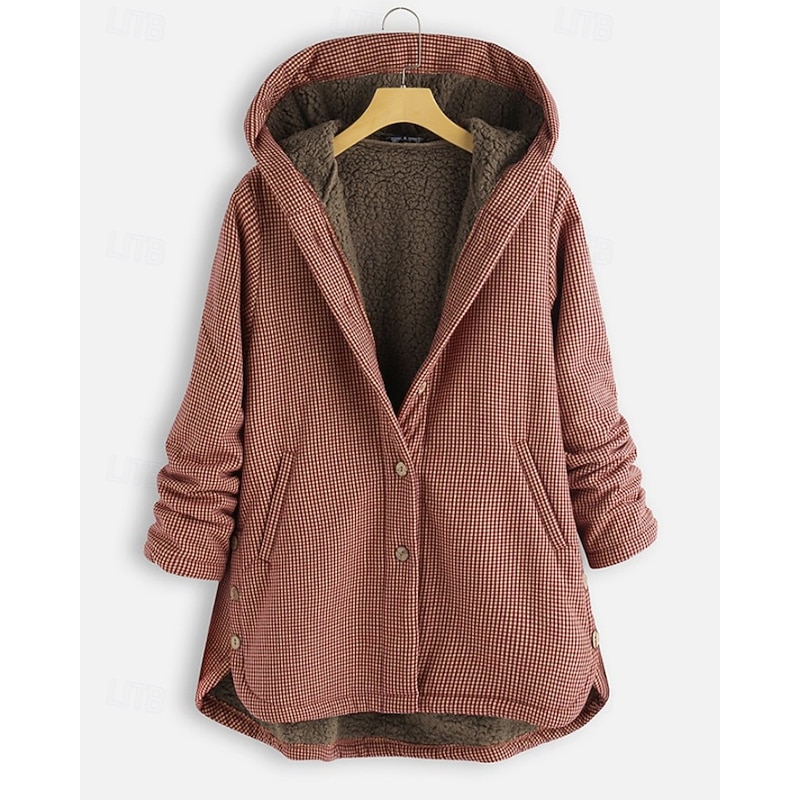 Women's Winter Coat Hoodie Jacket Warm Comfortable Zipper Pocket Buttons Casual Plaid Vacation Daily Wear Going out Weekend Regular Hoodie Regular Fit Long Sleeve Outerwear Black Red Blue Fall Winter