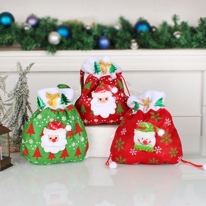 Christmas Creative Gift Bag Fabric Red Handheld Tote Sack Candy Bag Holiday Party Favor Christmas Decorations Reusable Storage Pouch Kids Present Wrapping Accessories