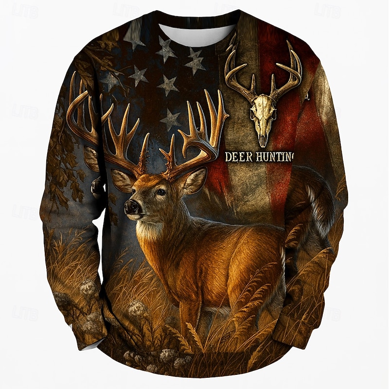 Men's Deer Sweatshirt 3D Hunting Crew Neck Outdoor Sports Outdoor Brown Crewneck 3D Print Winter Spring &  Fall Designer