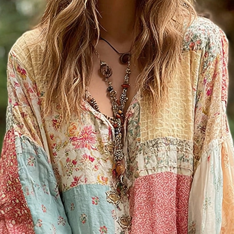 Women's Shirt Blouse Floral Hawaiian Stylish Basic Long Sleeve V Neck Regular Tops Daily Going out Beach Wear Print Pink Spring Fall2