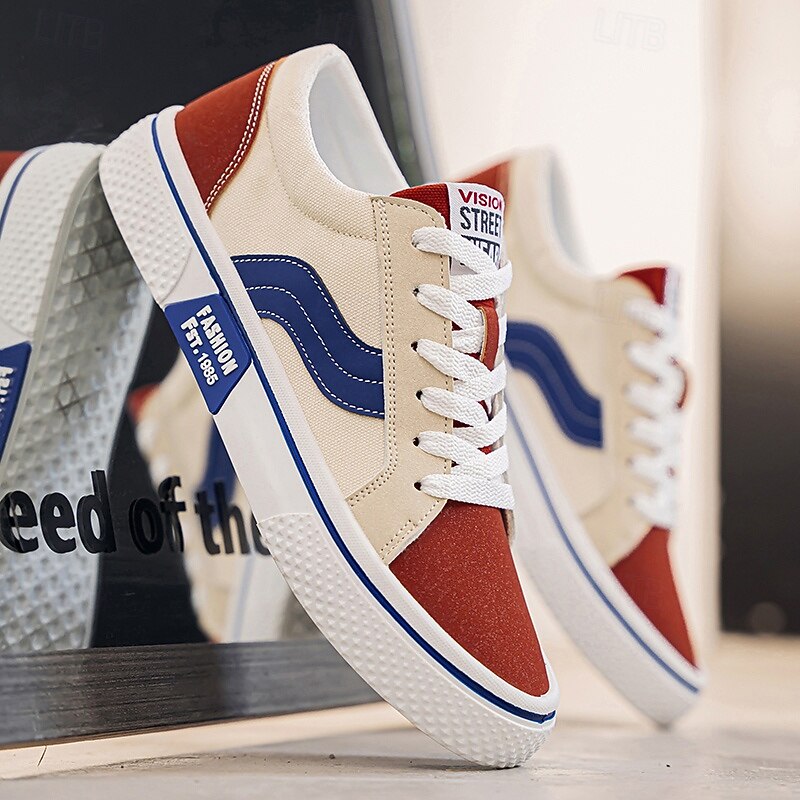 Men's Red and Beige Lace-Up Sneakers – Retro Low Top Casual Sport Shoes with Blue Stripe Design for Youth Fashion, Campus, Travel and Outdoor Activities3