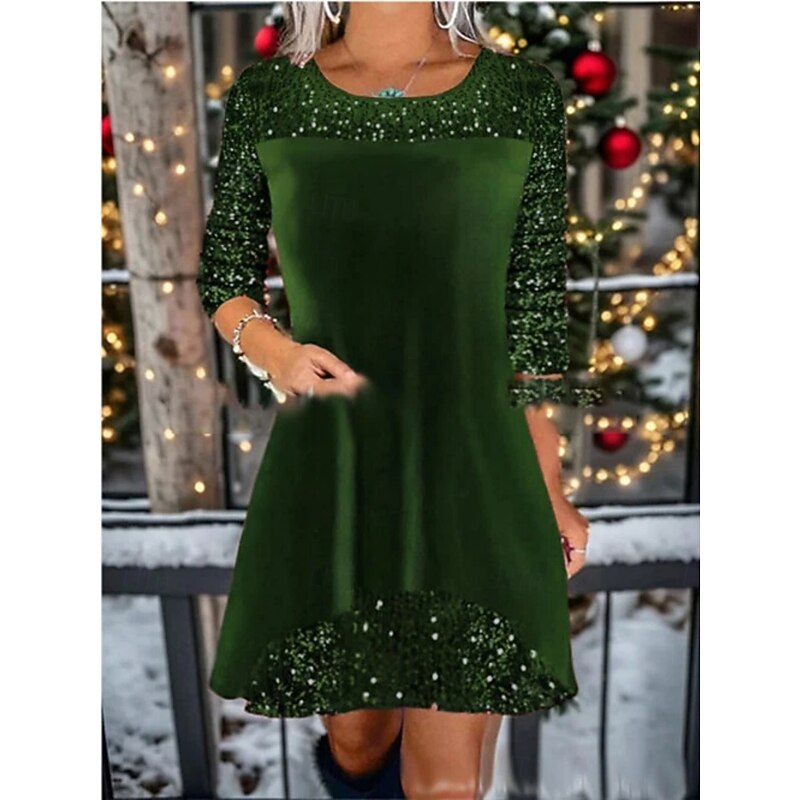 Christmas Women's Mini Dress A Line Dress Casual Daily Regular Fit Plain Long Sleeve Crew Neck Wine Royal Blue Green Spring Fall Winter
