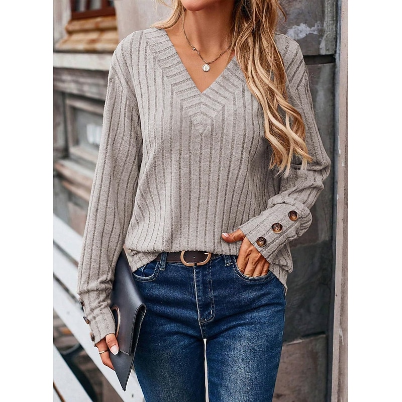 Women's Blouse Solid Color Stylish Casual Long Sleeve V Neck Regular Tops Daily Buttons Black Pink Army Green Navy Blue Orange Spring Fall