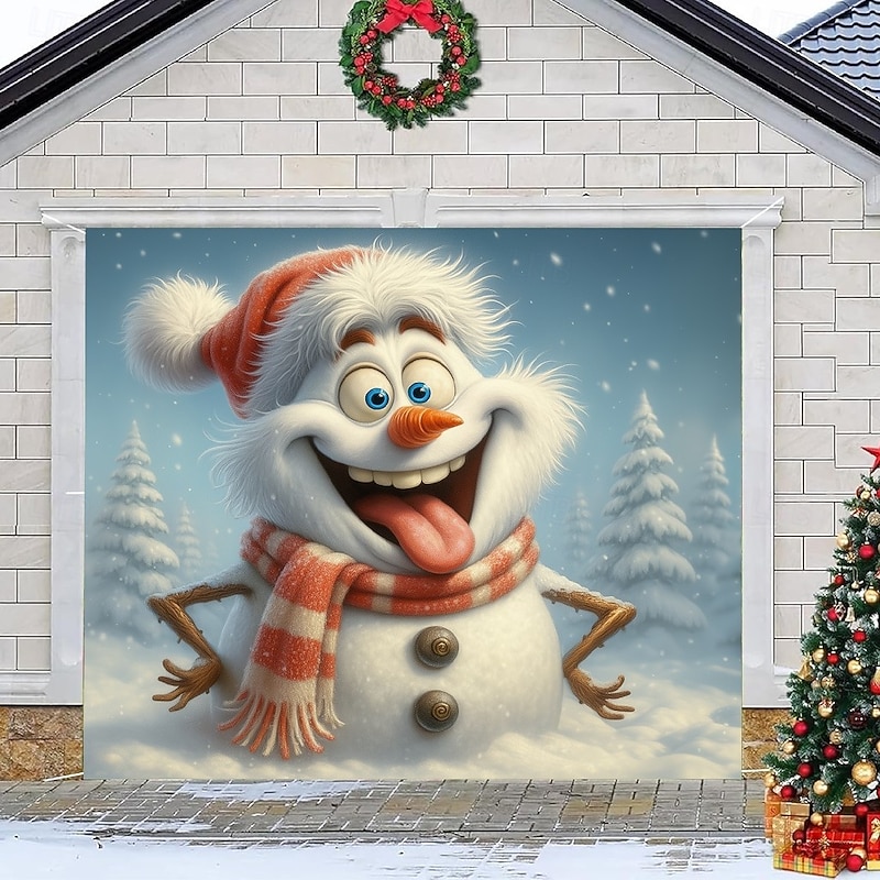 Christmas Garage Door Cover 2025 Xmas Snowman and Birds Winter Scene Backdrop Banner, Merry Christmas Garage Decoration for Holiday Outdoor Yard Party4