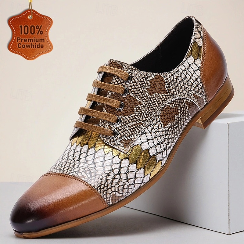 Men's Python Print Lace-Up Shoes – Unique Snakeskin Pattern with Trendy Colorblock Design, Modern Fashion for Nightlife, Cocktail Parties, and Fashion Events