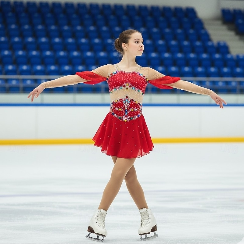 Figure Skating Dress Women's Girls' Ice Skating Dress Red Patchwork Thumbhole Mesh Spandex Stretchy Training Practice Professional Skating Wear Thermal Warm Crystal / Rhinestone Long Sleeve Ice
