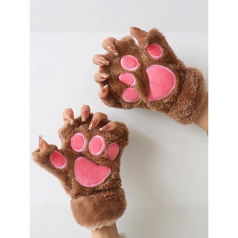 Women's Plush Paw Gloves – Cute Furry Cat Claw Mittens, Soft Winter Warm Fingerless Gloves for Cosplay, Halloween and Daily Wear2