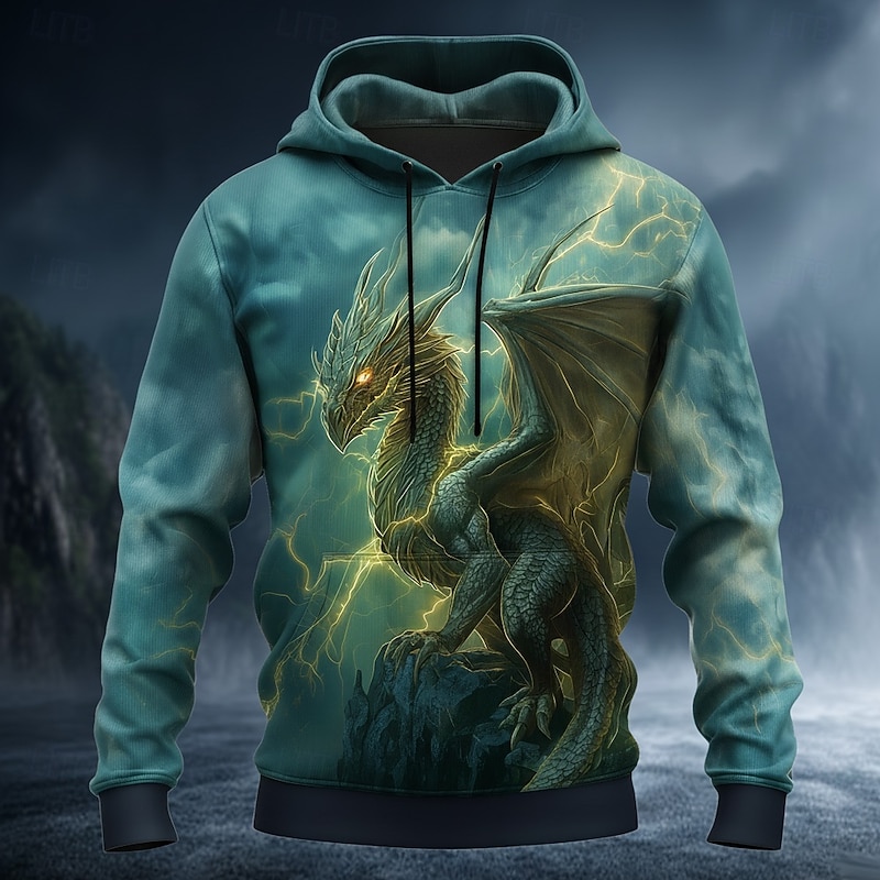 Men's Dragon Hoodie Sweatshirt 3D Fantasy Crew Neck Gift Club Streetwear Blue Brown Drawstring Fall Winter Designer