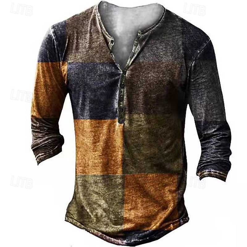 Men's Faux Patchwork Pattern T Shirt Henley Shirt Tee Long Sleeve Vintage Designer Stylish Outdoor Daily Sports Spring & Summer Brown Green Red Henley Henley T-Shirt3