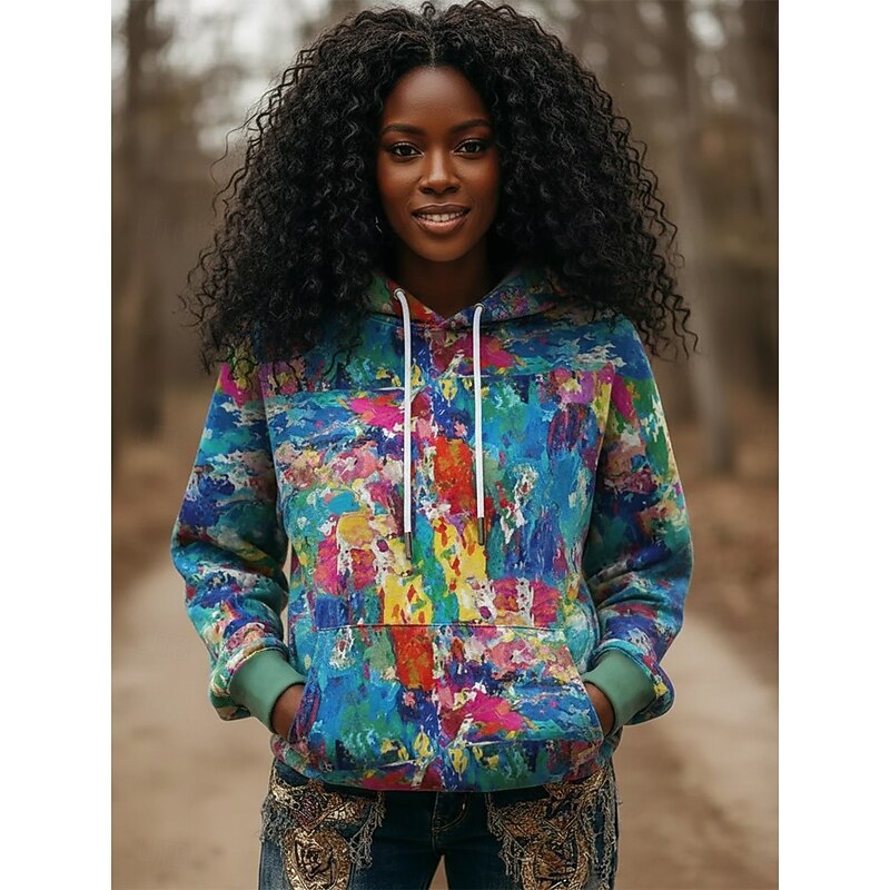 Women's Pullover Hoodies Graphic Color Block Abstract Fashion Streetwear Casual Long Sleeve Hooded Regular Tops Dailywear Casual Sports Drawstring Pocket Print Blue Spring Fall3