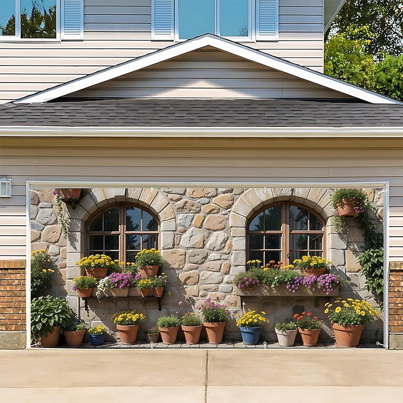 Garage Door Cover Large Hanging Backdrop Stone Wall Rustic Windows Rustic Cottagecore 3D Party Outdoor Shooting Backgrounds Front Door Home Decor